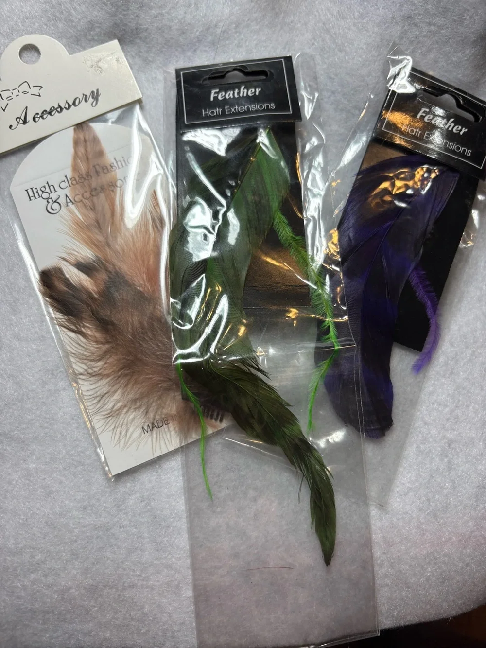 3 Feather Hair Extensions - Purple, Green & Tan